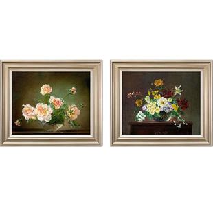 风色玫瑰花束英国古典静物花卉油画美式客厅餐厅卧室装饰画双联