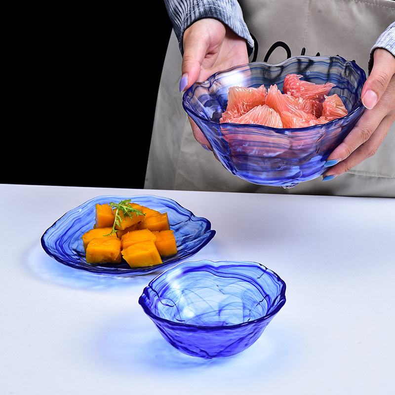 日式磨砂玻璃水墨纹碗碟国纹创意沙拉茶杯潮云碗杯果盘风品茗