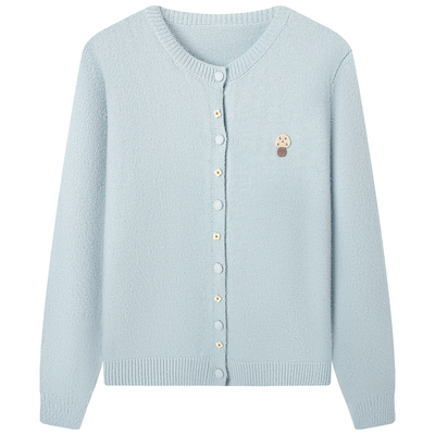 慕兔蓝色慵懒风圆领针织开衫