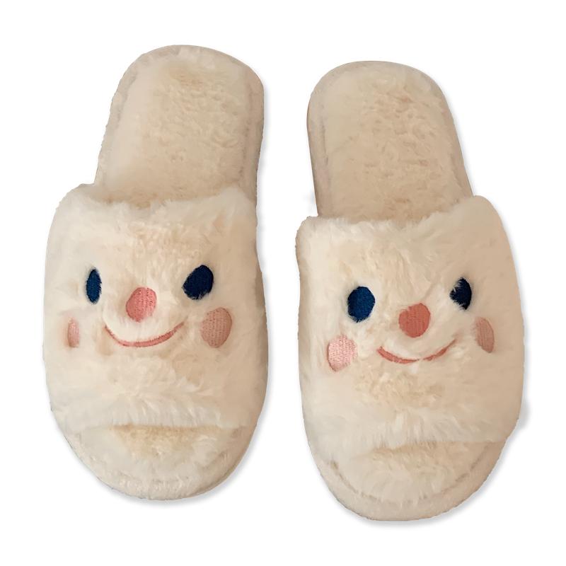 细细条 韩系可爱笑脸少女心棉拖鞋女冬居家用防滑一字毛毛棉鞋ins