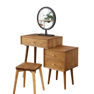 浅胡桃色实木梳妆台小户型卧室原木化妆台斗柜一体多功能小梳妆桌