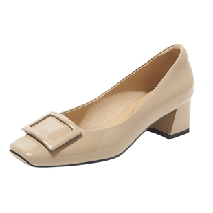 商场同款百田森牛漆皮女单鞋春夏新款法式优雅方扣粗跟真皮鞋