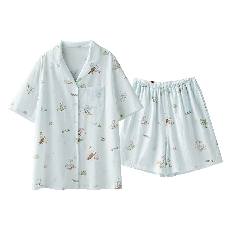 EMXEE/嫚熙女士睡衣果润纱罗家居服夏短袖薄款凉润透气家居服套装