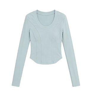 DPLAY莱赛尔蓝色圆领T恤衫2026年春季新款女修身简约长袖小衫