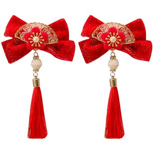 儿童中国风新年红色发夹女童过年喜庆汉服发卡女孩蝴蝶结对夹头饰