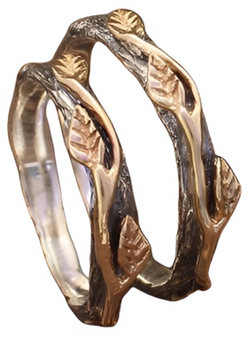 情侣纯银14K黄金复古叶戒指对戒