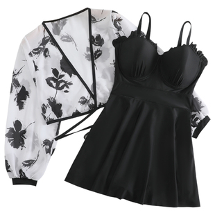 汐姿澜连体泳衣女裙式大胸钢托聚拢C/D/E/F罩杯平角罩衫温泉泳装