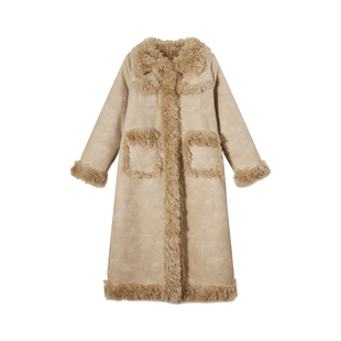 吴童童双面穿羊羔毛长袖毛呢外套女秋冬韩系软糯保暖长款翻领大衣