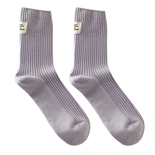 不会丢的袜子 春夏季双针中筒袜女日系后跟布标堆堆袜纯色长袜棉