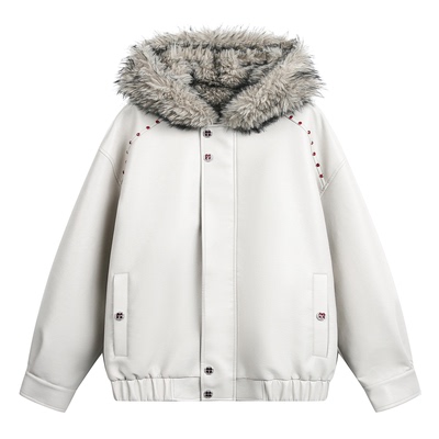 美式重磅座山雕加厚皮衣连帽棉衣