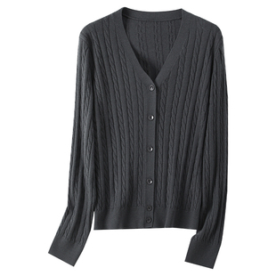 复古麻花短款V领针织开衫女春秋外搭可内搭上衣可机洗羊毛衣外套