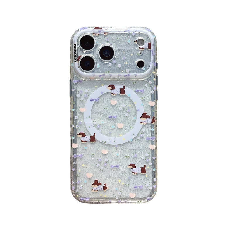 紫色碎花蝴蝶结腊肠狗适用iphone苹果17promax可爱16pro卡通15包相机ai金属独立键精孔LEKAIKU防摔磁吸手机壳