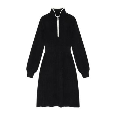 DKNY唐可娜儿秋季女士装裙子时尚气质翻领灯笼袖收腰针织连衣裙