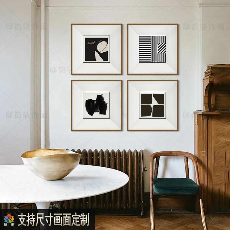 中古风黑白正方形装饰画民宿卧室床头晶瓷画酒店房间软装抽象挂画