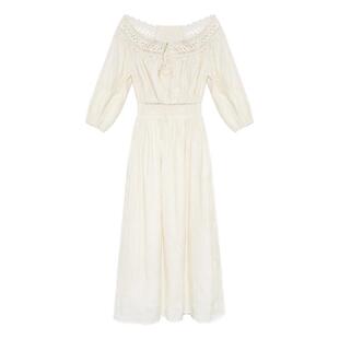 贰羊设计【星花落】度假风镂空花边一字肩天丝连衣裙2026新款长裙