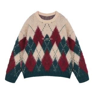 BJHG不计后果新年毛衣女冬季潮牌红色复古格子圣诞节穿搭针织衫男