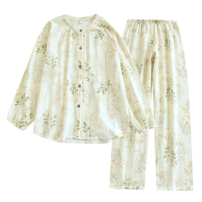 春秋新款泡泡棉纱睡衣女圆领开衫