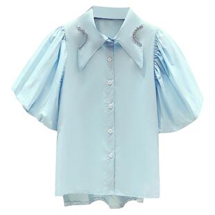 2025夏装新品重工镶钻钉珠尖领系扣泡泡袖短袖衬衫女休闲显瘦衬衣