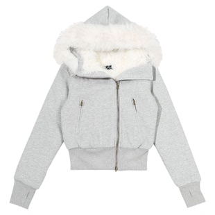 SREK美式复古拼接毛毛领连帽卫衣女秋冬季设计感短款收腰加厚外套