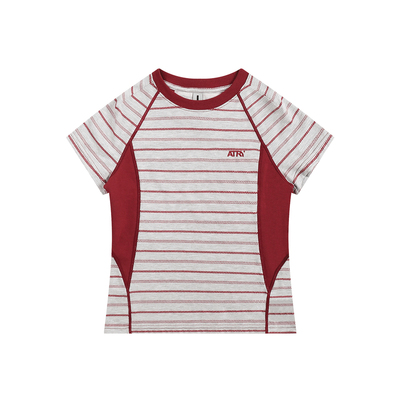 ATRY撞色条纹圆领修身短袖T恤女