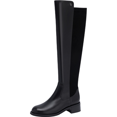 沙驰弹力长筒靴粗跟骑士靴