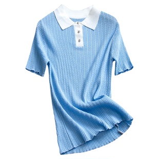 撞色翻领冰感弹力修身短袖针织衫可配一整套半身裙女两件套装Z830