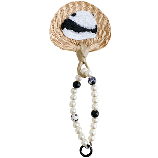 夏日手工编织中国风熊猫小蒲扇珍珠手机链挂饰少女心包包挂件礼