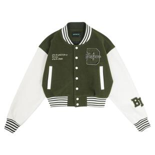 BD秋季短款棒球服女美式复古宽松时尚拼接毛呢夹克外套女