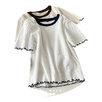 木耳边撞色短袖T恤女短款夏装