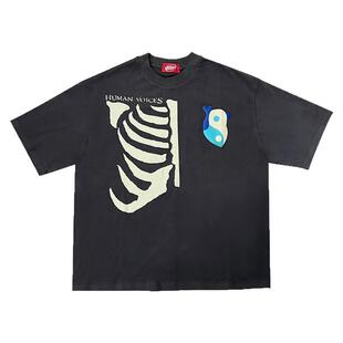 Human Voices重磅阴阳心脏印花短袖磨毛宽松T恤休闲夏季高街潮牌