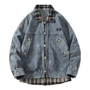 翻领假两件格子牛仔夹克男加肥加大码潮牌胖外套宽松春季街头痞帅