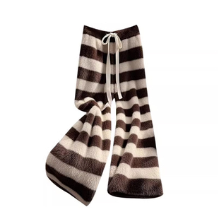 慵懒松弛感咖色条纹毛绒裤子2025冬季新款今年流行爆款休闲长裤女
