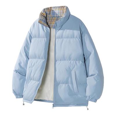 浅蓝色美式短款羽绒棉服男冬季格子拼接设计感外套加厚情侣面包服