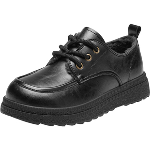 大东黑色加绒乐福鞋女2026新款冬季英伦风厚底系带小皮鞋保暖鞋子