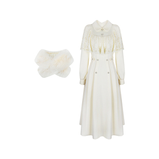 安妮不火 气质收腰蕾丝斗篷呢子连衣裙女微胖大码毛呢千金大摆裙