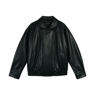 pusumede【现货5.5折】复古pu皮衣外套女夹棉设计感宽松机车夹克