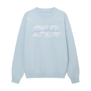 BIPOLAR云朵蕾丝贴布毛衣休闲针织衫女春秋情侣上衣圆领打底衫潮