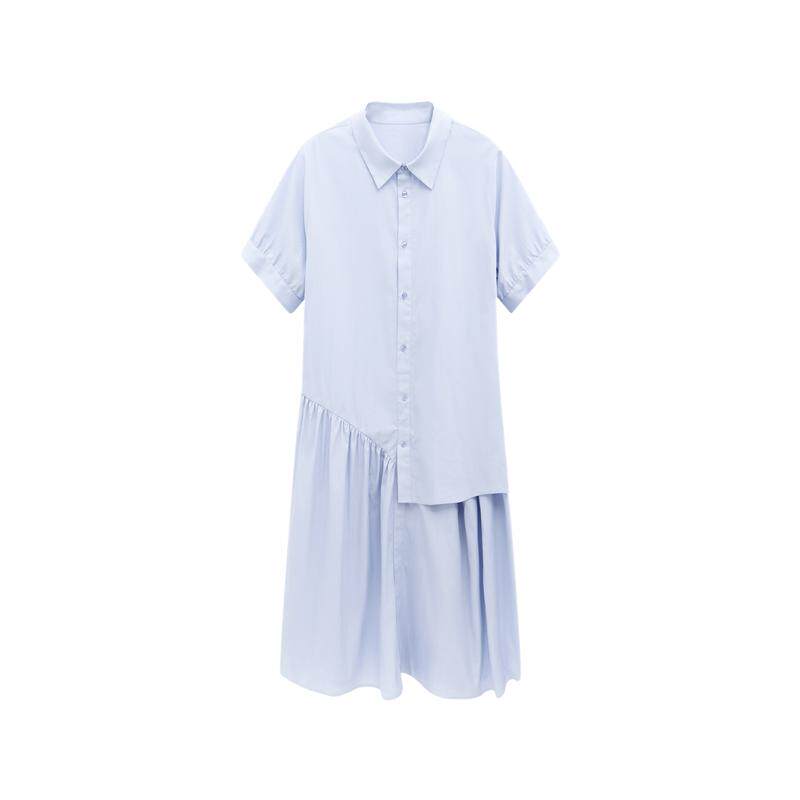 Basic House/百家好蓝色翻领不规则长款连衣裙简约百搭短袖裙子女