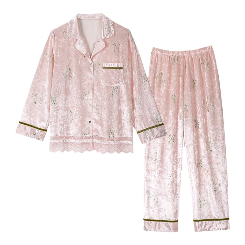 IIZZINI 秋冬新品睡衣女长袖金丝绒蕾丝边奢华长裤家居服套装