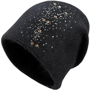 时尚镶钻兔毛针织帽女秋冬季时尚保暖套头帽护耳防寒妈妈毛线帽