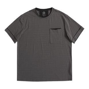 收留原创夏季男士条纹口袋t恤圆领宽松轻薄撞色卷边深灰色短袖