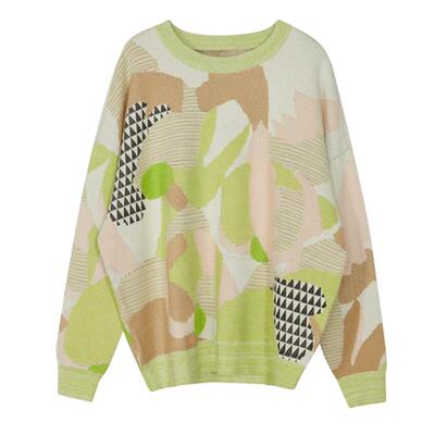 谜底套头针织衫女春新款复古文艺花色圆领宽松毛衣241MZ0302