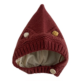 婴儿帽子冬季保暖针织帽婴幼儿加棉手工毛线帽宝宝可爱尖顶包脸帽