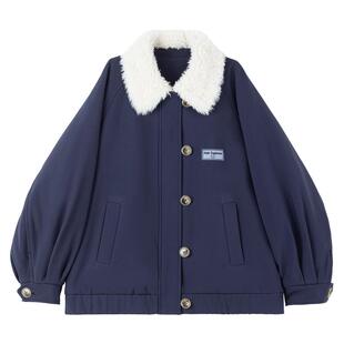 KEIKO 中国风京剧印花夹棉棉服外套冬季新中式藏青色加厚毛领夹克