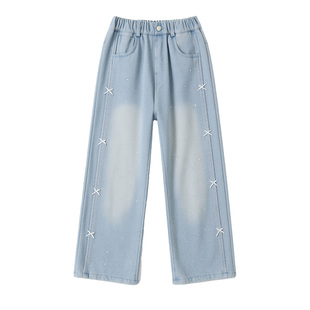 女童满天星加绒牛仔裤秋冬装洋气阔腿裤高腰加厚长裤亮片2026新款