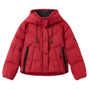 快鱼羽绒服女款2025年新款本命年生肖满印时尚百搭外套红色面包服