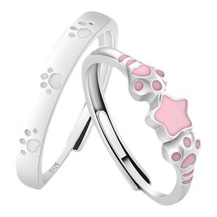 VIVIWELL萌趣猫爪 可爱粉色小猫爪夜光情侣对戒小众纯银戒指礼物