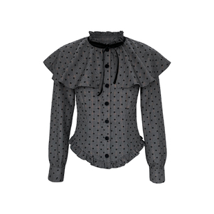 Narratorgirls灰黑色格纹植绒小花斗篷衬衫蝴蝶结复古收腰上衣冬