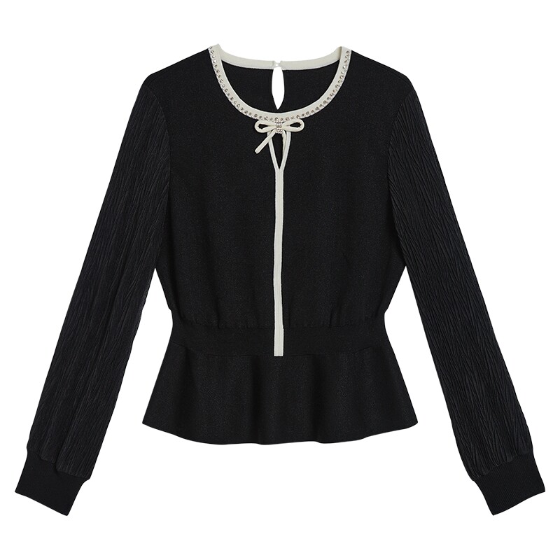 YINER音儿专选2025春新款珍珠纤维钉珠蝴蝶结收腰假两件针织衫