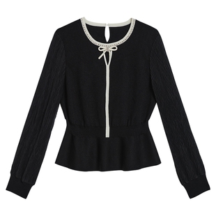 YINER音儿专选女装春优雅钉珠蝴蝶结收腰假两件针织衫